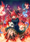  animal_ears bad_id bad_pixiv_id bloomers braid cat_ears cat_tail dress fire highres kaenbyou_rin koharu_(star_cube) multiple_tails nail_polish red_hair red_nails solo tail touhou twintails underwear 