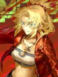  1girl blonde_hair braid breasts clarent_(fate) cutoffs fate/apocrypha fate/grand_order fate_(series) green_eyes hair_ornament hair_scrunchie half_up_braid highres jacket jewelry looking_at_viewer mordred_(fate) mordred_(memories_at_trifas)_(fate) necklace ponytail red_jacket red_scrunchie scrunchie shorts small_breasts smile solo suzuhi_(fullprayer) 