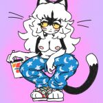 1:1 2022 7-eleven anthro beverage blush breasts clothed clothing digital_drawing_(artwork) digital_media_(artwork) domestic_cat exposed_breasts felid feline felis female footwear gradient_background hair hi_res holding_beverage holding_object mammal navel nipples pajama_pants pop_(popstick) popstick sandals shoes simple_background solo squatting_position tail topless tuxedo_cat whiskers white_hair yellow_sclera