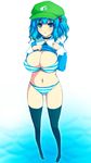  blue_eyes blue_hair bra breasts cleavage hair_bobbles hair_ornament hat kawashiro_nitori large_breasts lingerie no_pants panties shirt_lift side_ponytail solo striped striped_bra striped_panties thighhighs touhou two_side_up underwear wakame 