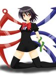  asymmetrical_wings atsu_nyan black_hair black_legwear blush bow dress houjuu_nue kneeling red_eyes short_hair smile snake solo thighhighs touhou wings zettai_ryouiki 