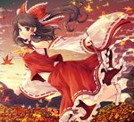  ascot bow brown_eyes brown_hair cetera detached_sleeves flying gohei hair_bow hakurei_reimu highres leaf long_hair maple_leaf midriff navel ponytail ribbon sarashi solo touhou 