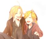  alphonse_elric artist_request blonde_hair brothers closed_eyes edward_elric fullmetal_alchemist hand_on_another's_head multiple_boys ponytail siblings sitting smile 