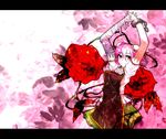  bandages bow breasts bun_cover chain chinese_clothes cuffs double_bun flower ibaraki_kasen letterboxed medium_breasts miranko pink_hair red_eyes ribbon rose short_hair skirt smile solo touhou 