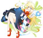  :t black_hair blonde_hair blue_eyes bow breasts cleavage dress earrings gun hair_bow jewelry legs long_hair medium_breasts multiple_girls panty_&amp;_stocking_with_garterbelt panty_(psg) red_dress shoes smile stocking_(psg) striped striped_legwear sword tansuke thighhighs very_long_hair weapon 