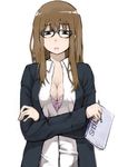 bad_id bad_pixiv_id blue_eyes bra breasts brown_hair cleavage face frown glasses highres large_breasts lingerie long_hair maeda_risou mechanical_pencil notebook open_clothes open_shirt original pencil shirt simple_background solo sweater underwear white_background 