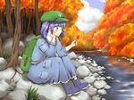 any_(lucky_denver_mint) autumn backpack bad_id bad_pixiv_id bag blue_eyes blue_hair chin_rest hair_bobbles hair_ornament hat kawashiro_nitori key leaf maple_leaf river rock short_hair sitting solo touhou tree twintails two_side_up 