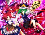  blue_eyes breasts cleavage flower green_hair hair_bobbles hair_ornament hat highres kazabana_fuuka medium_breasts multiple_girls onozuka_komachi red_eyes red_hair rod_of_remorse scythe shiki_eiki short_hair spider_lily touhou two_side_up 