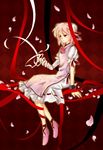  argyle argyle_background bandages bun_cover chinese_clothes cuffs double_bun false_arm false_limb flower hynos_k ibaraki_kasen petals pink_flower pink_hair pink_rose red_eyes ribbon rose short_hair solo tabard touhou 