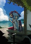  back-to-back black_hair blue_eyes blue_hair bow cirno cloud day food hair_bow hakurei_reimu holding_hands ice_cream kamonari_ahiru lake multiple_girls popsicle porch sitting thighhighs touhou veranda wind_chime 