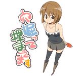  boots brown_eyes brown_hair casual hagiwara_yukiho idolmaster idolmaster_(classic) nemuro_nao perspective short_hair solo thighhighs translated trowel 