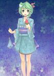  blue_kimono contemporary food frog green_eyes green_hair hair_ornament japanese_clothes kanzashi kimono kochiya_sanae obi popsicle sash short_hair snake solo sumtj touhou watermelon_bar yukata 