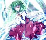  ascot bad_id bad_pixiv_id blush closed_eyes frills fuupu green_hair highres kazami_yuuka light_rays plaid plaid_skirt plaid_vest praying short_hair sitting skirt skirt_set solo sunbeam sunlight touhou vest wariza 