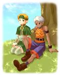  armlet bare_shoulders blonde_hair boots bracelet brown_eyes dark_skin elf facial_mark forehead_mark gensou_suikoden gensou_suikoden_iv green_eyes headband jewel_(suikoden) jewelry minimoti multiple_girls paula_(suikoden) pointy_ears short_hair shorts silver_hair skirt smile thighhighs 