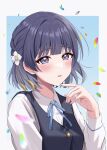  1girl :o absurdres blue_ribbon blue_vest blush falling_petals gakuen_idolmaster hataya_misuzu hatsuboshi_gakuen_school_uniform highres idolmaster long_sleeves looking_at_viewer miyuki_kotori mole mole_under_mouth neck_ribbon petals purple_eyes purple_hair ribbon school_uniform shirt short_hair solo upper_body vest white_shirt 