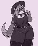 2023 5_fingers american_opossum anthro belt black_fingernails black_nails boots bottomwear breasts chain_belt chain_jewelry clothed clothed_anthro clothed_female clothing colored_nails dark_clothing dated digital_media_(artwork) eyebrow_through_hair eyebrows facial_piercing female female_anthro fingernails fingers footwear front_view fully_clothed_anthro fully_clothed_female hair hat headgear headwear hi_res hole_in_shirt legwear looking_at_viewer makeup mammal marsupial mascara monochrome nails no_pupils nose_piercing nose_ring occult_symbol open_mouth pants pentagram piercing portrait ring_choker ring_piercing shaded shirt shoes signature simple_background sleepyscreen slightly_chubby slightly_chubby_female smile solo standing symbol tail thick_thighs thigh_boots thigh_highs three-quarter_portrait topwear torn_clothing torn_shirt torn_topwear translucent translucent_hair virginia_opossum wavy_hair witch_hat