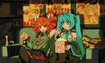  2girls ahoge akira_(manga) bare_shoulders black_pantyhose black_shirt black_sleeves blue_hair breast_pocket can collared_shirt copyright_request couch detached_sleeves drinking_straw dual_persona eating food hatsune_miku holding holding_food indoors kasane_teto kasane_teto_(sv) kill_bill long_hair lying mesmerizer_(vocaloid) multiple_girls musekinin_shuugoutai_(synthesizer_v) natuso7 on_back pantyhose pillow plant pocket popcorn poster_(object) red_eyes sapporo_beer shirt sitting sleeveless sleeveless_shirt synthesizer_v tetoris_(synthesizer_v) twintails utau vocaloid wing_collar world&#039;s_end_dancehall_(vocaloid) 