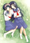  armband bad_id bad_pixiv_id black_hair closed_eyes flower grass green_eyes hair_flower hair_ornament head_wreath highres long_hair lying masamuuu multiple_girls sakugawa_school_uniform saten_ruiko school_uniform serafuku short_hair skirt smile to_aru_kagaku_no_railgun to_aru_majutsu_no_index uiharu_kazari 