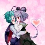  animal_ears antennae blue_eyes cape capelet commentary_request green_hair grey_hair heart heart_tail madara_inosuke mouse_ears mouse_tail multiple_girls nazrin red_eyes tail touhou wriggle_nightbug yuri 