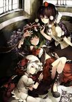  bow brown_hair frills green_eyes green_hair hair_bow hair_ribbon hat kagiyama_hina multiple_girls red_eyes remilia_scarlet ribbon riku_(wana) shameimaru_aya short_hair tokin_hat touhou white_hair wings wrist_cuffs 