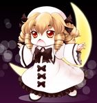 blonde_hair bow brown_eyes chestnut_mouth chibi crescent drill_hair hat highres luna_child open_mouth outstretched_arms red_eyes solo spread_arms touhou wide_sleeves yume_shokunin 