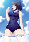  bad_id bad_pixiv_id black_hair blue_eyes breasts cloud day large_breasts nakaya one-piece_swimsuit original school_swimsuit shirt solo swimsuit taut_clothes taut_shirt wading water wet 