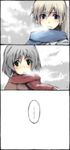  bad_id bad_pixiv_id blonde_hair blue_eyes blush breath comic eila_ilmatar_juutilainen green_eyes highres kutsuwada_on long_hair multiple_girls sanya_v_litvyak scarf short_hair silver_hair strike_witches translated winter_clothes world_witches_series 