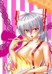  bow fire fujiwara_no_mokou hair_bow long_hair naked_suspenders nyaw open_mouth plate revealing_clothes silver_hair solo spoon suspenders topless touhou 