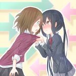  bad_id bad_pixiv_id banned_artist black_hair brown_eyes brown_hair casual eye_contact hirasawa_yui k-on! long_hair looking_at_another mirai_(macharge) multiple_girls nakano_azusa school_uniform shirt_grab short_hair twintails 