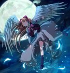  angel_wings blonde_hair boots bow bowtie cloud cross-laced_footwear dark feathers flying full_moon gengetsu hair_bow lace-up_boots moon night red_bow ribbon scenery solo touhou touhou_(pc-98) tree vest wings yellow_eyes yozo_(yozo2000) 
