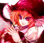  akasia animal_ears close-up colored_eyelashes eyelashes face hands_clasped hat mystia_lorelei open_mouth own_hands_together pink red_eyes red_hair solo touhou tsurime 