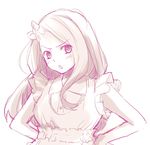 blush bow face frown hair_bow hands_on_hips idolmaster idolmaster_(classic) idolmaster_2 long_hair minase_iori monochrome nogoodlife open_mouth sketch solo tsundere upper_body 