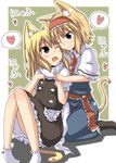  alice_margatroid animal_ears apron blonde_hair blush buttons capelet cat_ears cat_tail convenient_leg dress fang hair_ribbon hairband heart kemonomimi_mode kirisame_marisa kneeling lockheart multiple_girls one_eye_closed open_mouth ribbon short_hair sitting smile socks spoken_heart tail touhou yuri 