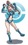  blue_eyes blue_footwear boots brown_hair butcha-u diglett fuuro_(pokemon) gen_1_pokemon gloves gym_leader hair_ornament holding holding_poke_ball midriff navel open_mouth poke_ball poke_ball_(generic) pokemon pokemon_(creature) pokemon_(game) pokemon_bw short_shorts shorts side_bun sidelocks solo suspenders 