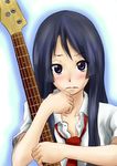  akiyama_mio bass_guitar black_eyes black_hair blush dokyuu_afro embarrassed frown highres hime_cut holding instrument k-on! long_hair necktie open_clothes open_shirt shirt solo 