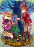  absurdres animal_ears blue_eyes bow brown_hair chair crossed_arms crossed_legs fox furry highres original potion shoes short_hair sitting soono_(rlagpfl) standing tail tree yellow_eyes 