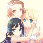  akiyama_mio armpits black_hair blonde_hair blue_eyes brown_eyes brown_hair bug butterfly chin_grab flower frills h2so4 hairband hug insect k-on! kotobuki_tsumugi long_hair multiple_girls off_shoulder parody perfume short_hair simple_background smile tainaka_ritsu 