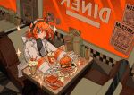  1girl a.i._voice adachi_rei black_border black_shirt booth_seating border bottle bread burger cheese cherry cup drinking_straw food french_fries fruit gloves hair_ribbon hatsune_miku hood hooded_jacket ice_cream ice_cream_float jacket kasane_teto long_sleeves looking_at_viewer meal menu mesmerizer_(vocaloid) missing_poster natuso7 open_clothes open_jacket orange_eyes orange_hair poster_(object) restaurant ribbon shirt side_ponytail sitting solo star_(symbol) table utau vocaloid white_gloves white_jacket white_ribbon window 