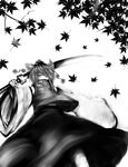  acryl animal_ears bad_id bad_pixiv_id detached_sleeves greyscale hat highres inubashiri_momiji japanese_clothes leaf maple_leaf monochrome short_hair solo sword touhou weapon wolf_ears 