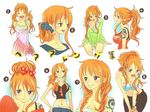  alternate_hairstyle bangle bikini_top blush bracelet braid breast_squeeze breasts brown_eyes closed_eyes earrings highres himerinco jewelry log_pose medium_breasts multiple_persona nami_(one_piece) one_piece orange_hair ponytail tattoo twin_braids twintails 