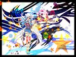  blue_hair breasts cleavage colorful corset dress fingerless_gloves gloves hat highres long_hair medium_breasts necktie orange_eyes outstretched_arms pixiv pixiv-tan skirt solo spread_arms standing star thighhighs tobi_(discharge_cycle) 
