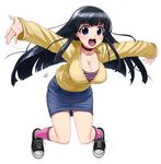  bangs black_hair blue_eyes blunt_bangs blush breasts cleavage collar denim denim_skirt full_body jewelry jumping kneehighs large_breasts long_hair mizuki_gyokuran necklace open_mouth original outstretched_arms pencil_skirt shoes simple_background skirt smile sneakers socks solo spread_arms sweater 