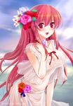  :d artist_name belt blouse blush breasts choker cleavage cloud dress flower hair_flower hair_ornament koizumi_amane large_breasts long_hair open_mouth original outdoors pink_eyes red_eyes red_hair ribbon see-through sky smile solo standing very_long_hair 