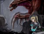  absurdres aqua_eyes armor blonde_hair bodysuit fang goggles goggles_on_head gun headphones hiding highres monster neon_trim nova_(starcraft) ponytail rain red_eyes rifle starcraft starcraft_2:_wings_of_liberty terran terran_ghost weapon windtalker zerg_(starcraft) zerg_hydralisk 