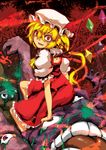  blonde_hair flandre_scarlet hat horror_(theme) laevatein light_smile monster open_mouth red_eyes side_ponytail sitting slit_pupils solo soubi touhou wings 