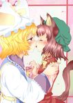  age_difference animal_ears blonde_hair blush brown_hair cat_ears cat_tail chen closed_eyes commentary_request couple hat highres imminent_kiss long_hair mei_puru multiple_girls multiple_tails red_eyes short_hair tabard tail tongue tongue_out touhou yakumo_ran yakumo_yukari yuri 