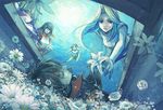  4girls blonde_hair blue_eyes brown_eyes brown_hair burial_at_sea closed_eyes coffin flower funeral gensou_suikoden gensou_suikoden_iv harusaki_miho lazlo lilan lilen lilin liloon long_hair mermaid monster_girl multiple_girls purple_eyes short_hair siblings sisters underwater 