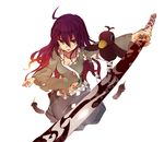  bad_id bad_pixiv_id bird copyright_request feathers long_hair looking_up monorino purple_hair solo sword torn_clothes weapon 