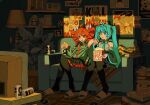  2girls ahoge aimaina akira_(manga) bare_shoulders black_pantyhose black_shirt black_sleeves blue_hair booskaboo breast_pocket can cd collared_shirt copyright_request couch detached_sleeves drinking_straw dual_persona eating food full_body ghostbusters hatsune_miku highres holding holding_food indoors jaws_(movie) kasane_teto kill_bill long_hair lying mesmerizer_(vocaloid) monitoring_(vocaloid) multiple_girls musekinin_shuugoutai_(synthesizer_v) natuso7 on_back pantyhose pillow pizza_box plant pocket popcorn portrait_(object) poster_(object) red_eyes sandals sapporo_beer shirt sitting sleeveless sleeveless_shirt slides television tetoris_(synthesizer_v) twintails utau vocaloid wing_collar world&#039;s_end_dancehall_(vocaloid) 