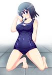  bad_id bad_pixiv_id black_hair blue_eyes breasts dripping food kneeling large_breasts nakaya original popsicle school_swimsuit shirt solo swimsuit taut_clothes taut_shirt 